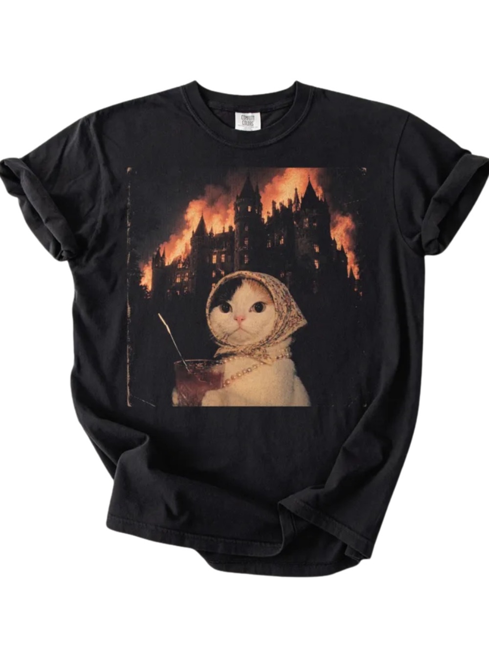 Comfort Pepper Cat Graphic Short Sleeve Tee - Vintage Castle Flame Design